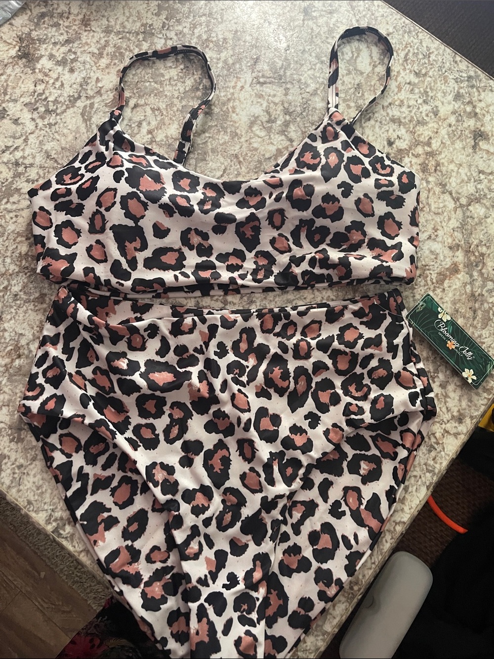 Leopard Print High-Waist Bikini Set in Pink/Black